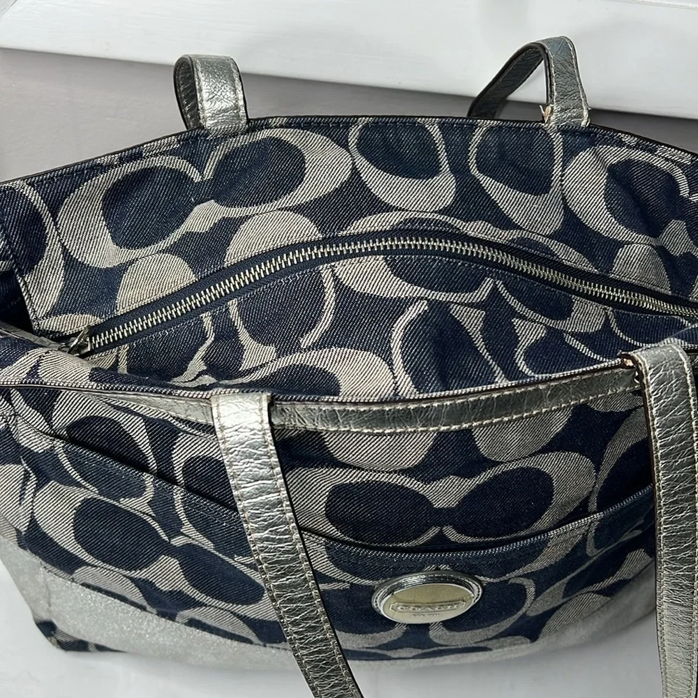 Coach XL Denim Blue and Silver Leather Zip Top Diaper Tote Travel Bag